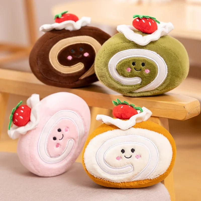 Cute Strawberry Swiss Roll Cake Plushie W/ Faces - Party Gift Toys For Kids Birthday