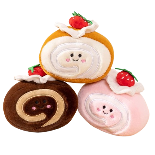 Cute Strawberry Swiss Roll Cake Plushie W/ Faces - Party Gift Toys For Kids Birthday