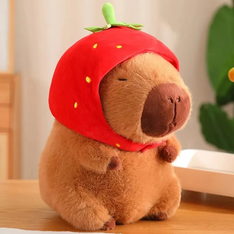 Strawberry Hat Capybara Plush 9.06 in - Adorable Strawberry-Themed Fluffy and Soft Plushie