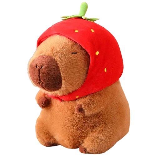 Strawberry Hat Capybara Plush 9.06 in - Adorable Strawberry-Themed Fluffy and Soft Plushie