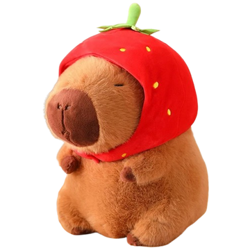 Strawberry Hat Capybara Plush 9.06 in - Adorable Strawberry-Themed Fluffy and Soft Plushie